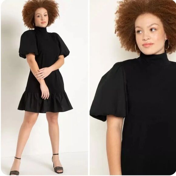 Eloquii‎ Mock Neck Puff Sleeves Mixed Media Mini Dress Black Size 22 NEW - Picture 1 of 11